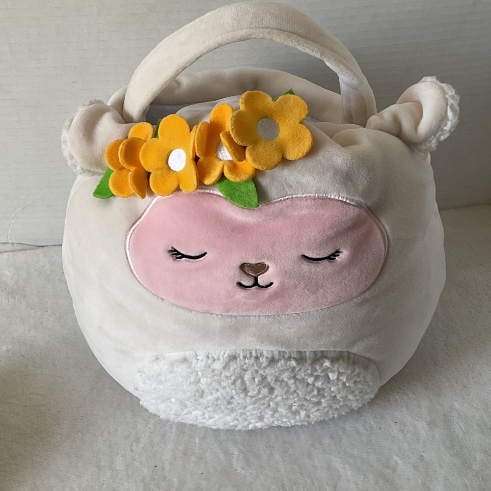 Squishmallows Cream and Pink Plush Bag with Yellow Flowers